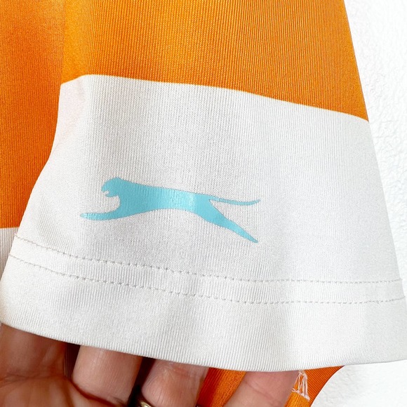 Slazenger Men's Short Sleeve Polo Golf Shirt Orange & White Stripe Size XL - Picture 9 of 11